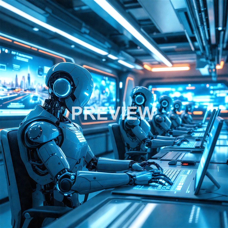 A row of humanoid robots working on laptops in a high-tech control room with digital screens displaying cityscapes and data.